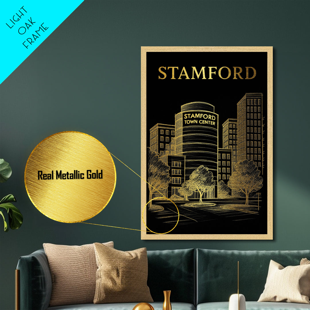 Stamford Connecticut travel, Metallic Gold Print, Modern House Art, Metal Art, Wood Framed Art, Wanderlust Gift, Travel Art Prints