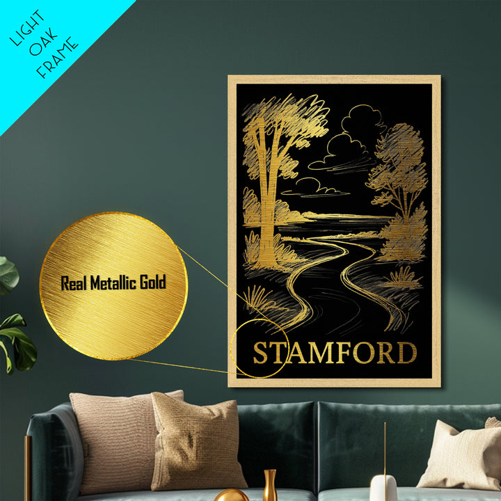 Stamford Connecticut art, Metallic Gold Art, Modern House Art, Metal Art, Wood Framed Art, Graduation Travel Gift, Travel Wall Decor