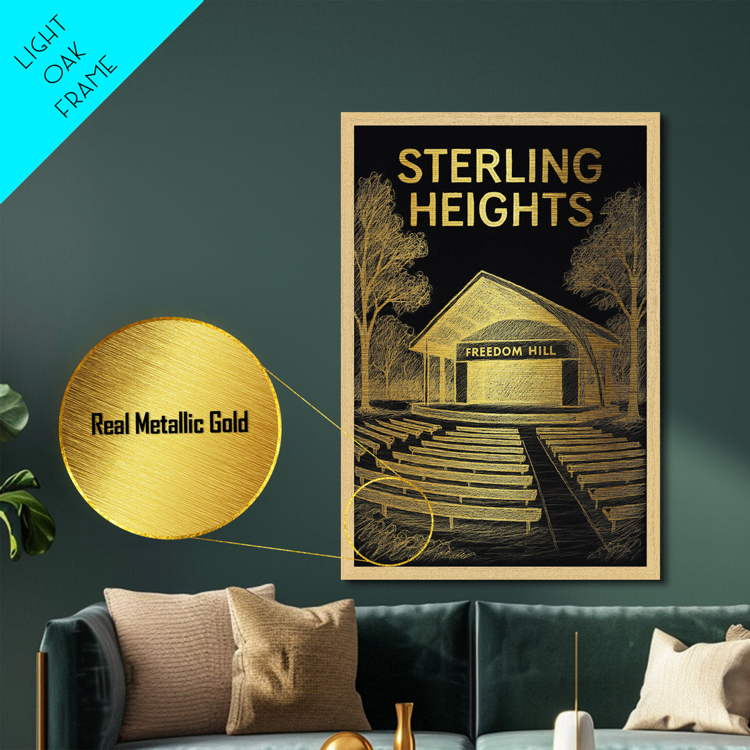 Sterling Heights Michigan travel, Metallic Gold Print, College Dorm Décor, Metal Art, Wood Framed Art, Graduation Travel Gift, Traveler Gift