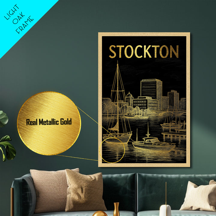Stockton California travel, Metallic Gold Print, Modern House Art, Metal Art, Wood Framed Art, Wanderlust Gift, Travel Art Prints