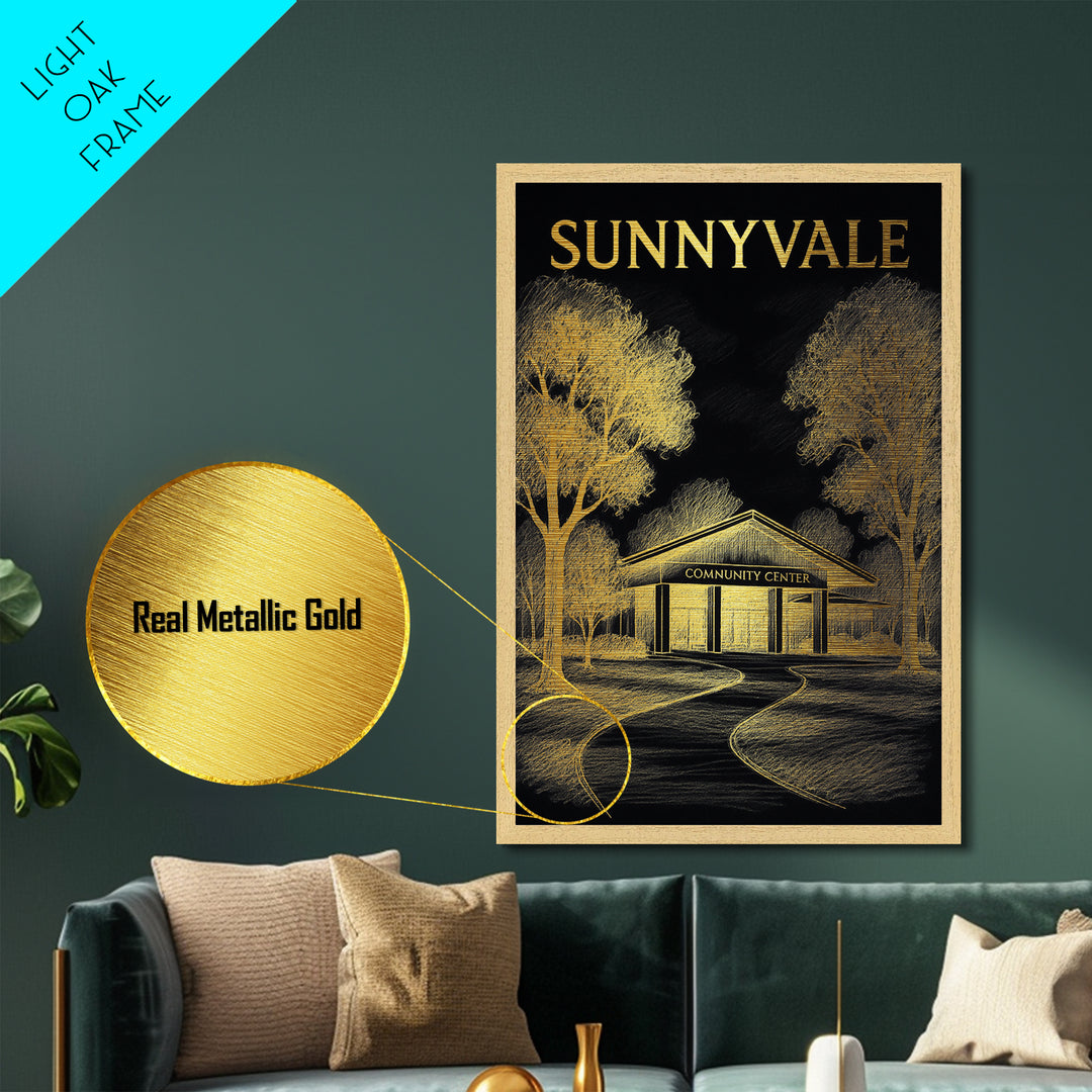 Sunnyvale California travel, Metallic Gold Print, Modern Skyline Wall Print, Metal Art, Wood Framed Art, Adventure Lover Gift, Travel Gift