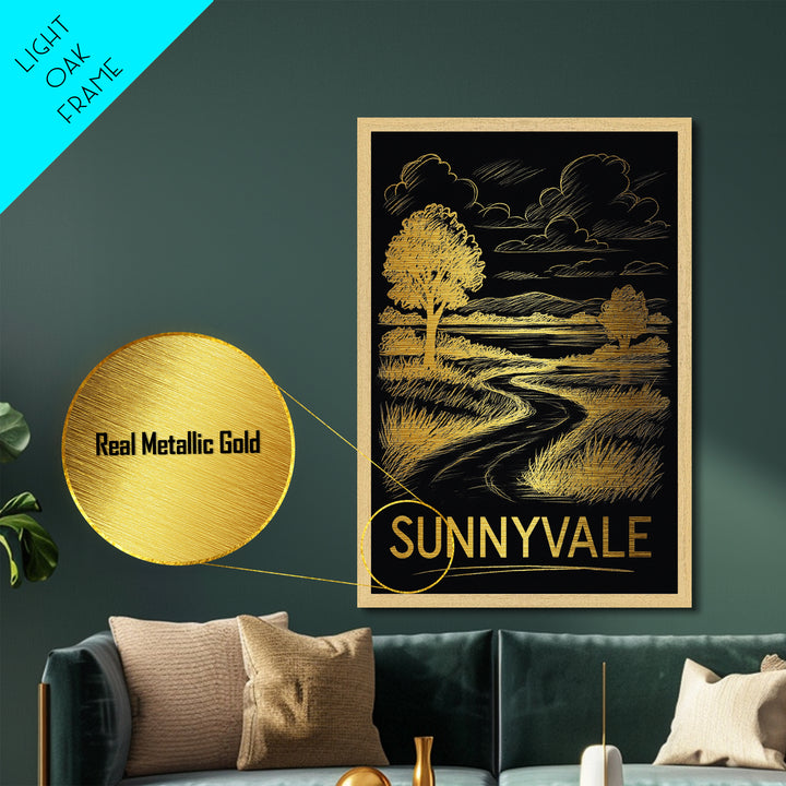 Sunnyvale California art, Metallic Gold Art, Housewarming Gift, Metal Art, Wood Framed Art, Newlywed Travel Gift, Honeymoon Gift