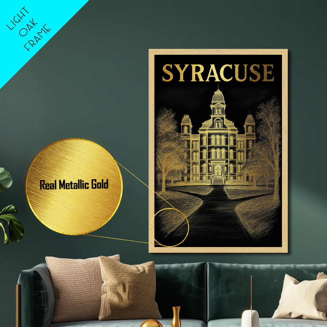 Syracuse New York travel, Metallic Gold Print, Modern House Art, Metal Art, Wood Framed Art, Wanderlust Gift, Travel Art Prints