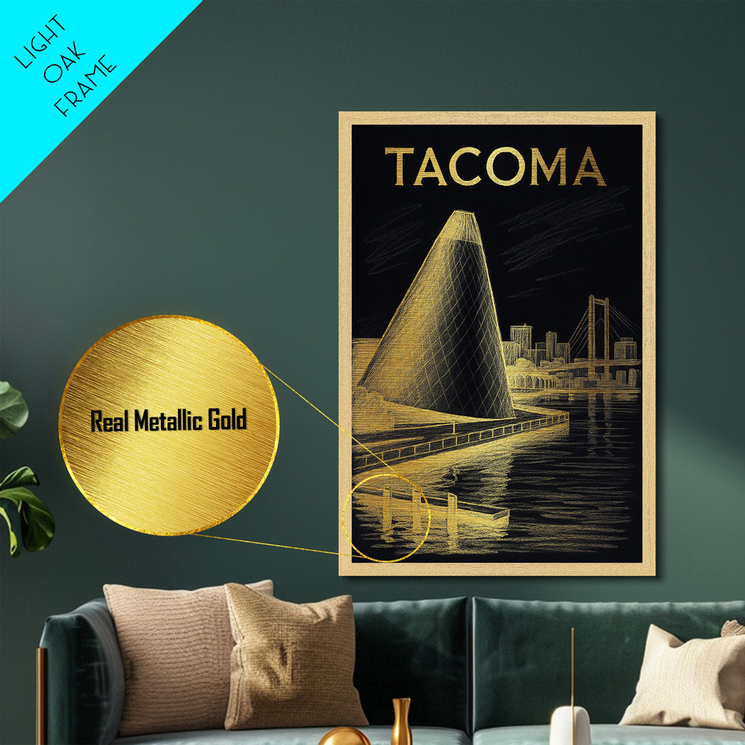 Tacoma Washington travel, Metallic Gold Print, Modern House Art, Metal Art, Wood Framed Art, Graduation Travel Gift, Destination Gift
