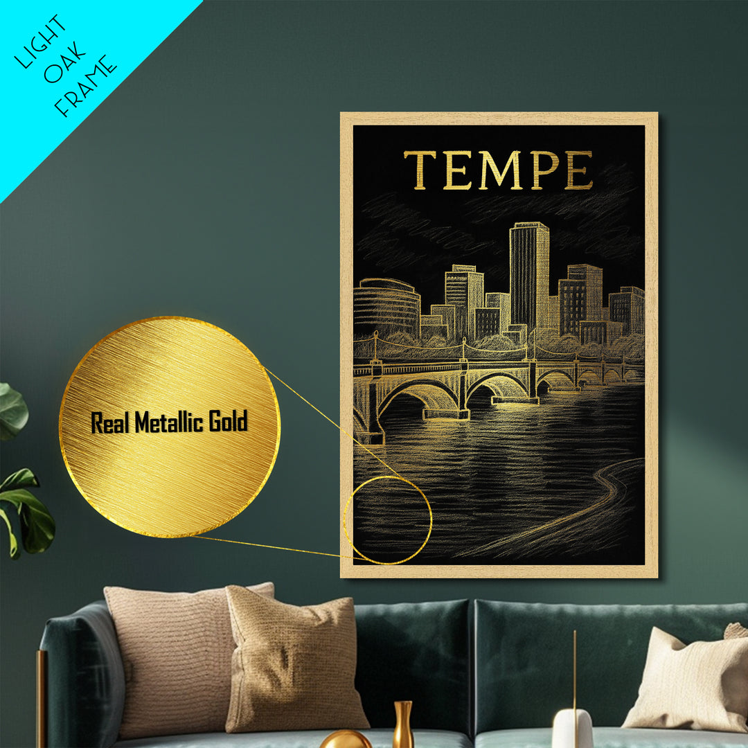 Tempe Arizona travel, Metallic Gold Print, Modern House Art, Metal Art, Wood Framed Art, Wanderlust Gift, Travel Art Prints
