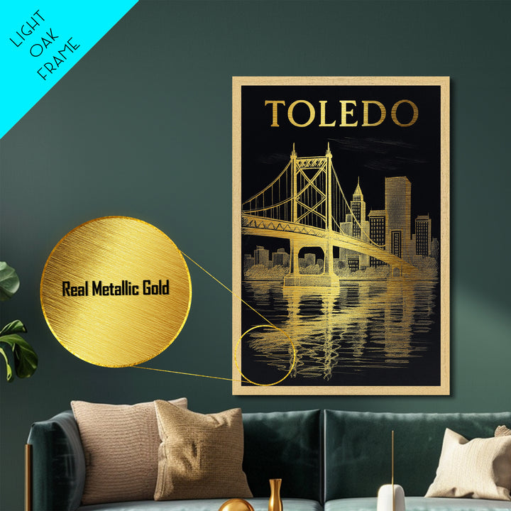 Toledo Ohio travel, Metallic Gold Print, Modern Skyline Wall Print, Metal Art, Wood Framed Art, Adventure Lover Gift, Travel Gift