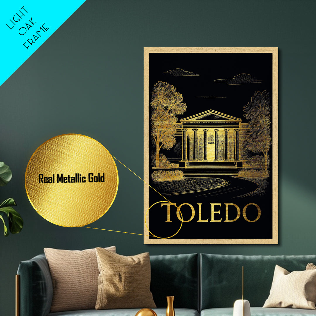 Toledo Ohio art, Metallic Gold Art, Housewarming Gift, Metal Art, Wood Framed Art, Newlywed Travel Gift, Honeymoon Gift