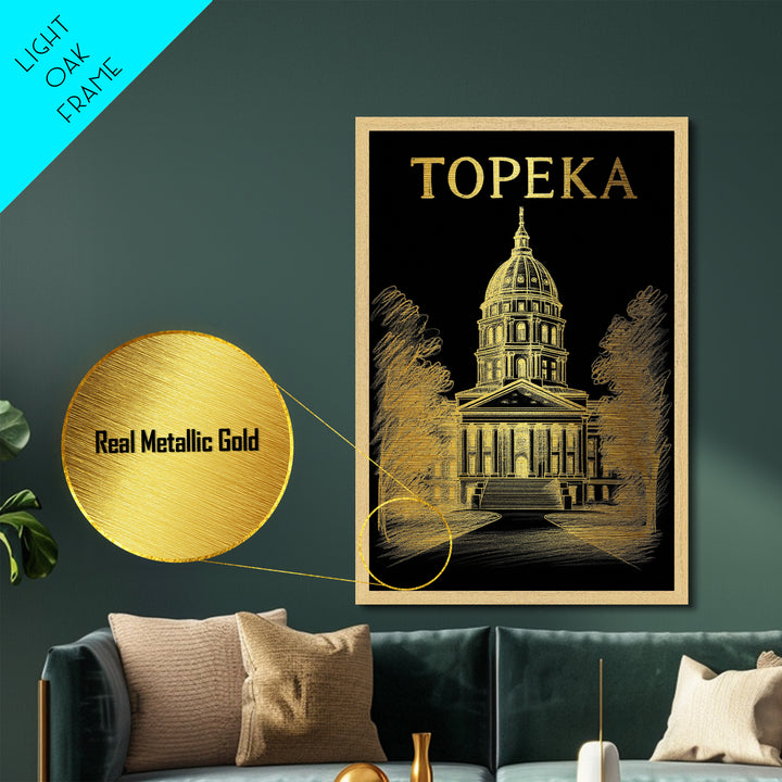 Topeka Kansas travel, Metallic Gold Print, Closing Gift, Metal Art, Wood Framed Art, Anniversary Travel Gift, Retirement Gift