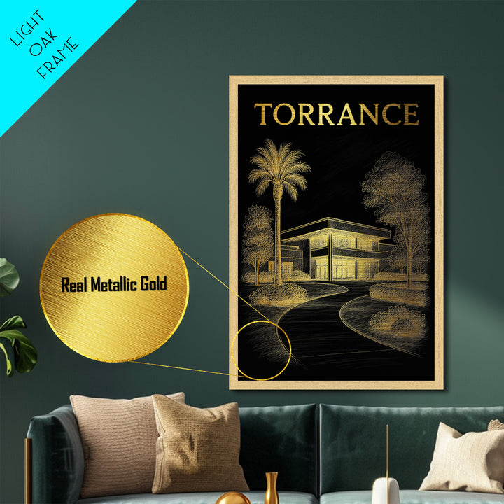 Torrance California travel, Metallic Gold Print, Modern House Art, Metal Art, Wood Framed Art, Wanderlust Gift, Travel Art Prints
