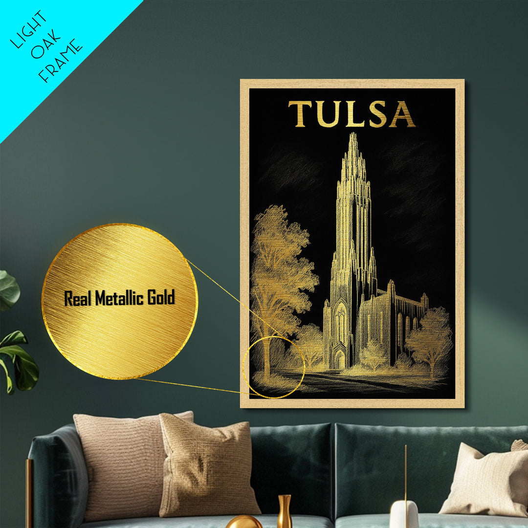 Tulsa Oklahoma travel, Metallic Gold Print, College Dorm Décor, Metal Art, Wood Framed Art, Graduation Travel Gift, Traveler Gift