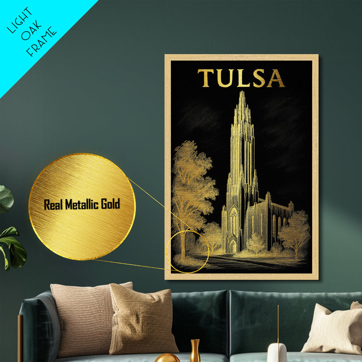 Tulsa Oklahoma travel, Metallic Gold Print, College Dorm Décor, Metal Art, Wood Framed Art, Graduation Travel Gift, Traveler Gift