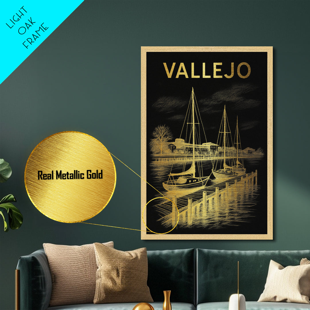 Vallejo California travel, Metallic Gold Print, Wood Framed Art, Metal Art, Minimalist Wall Art, Metallic Gold Print
