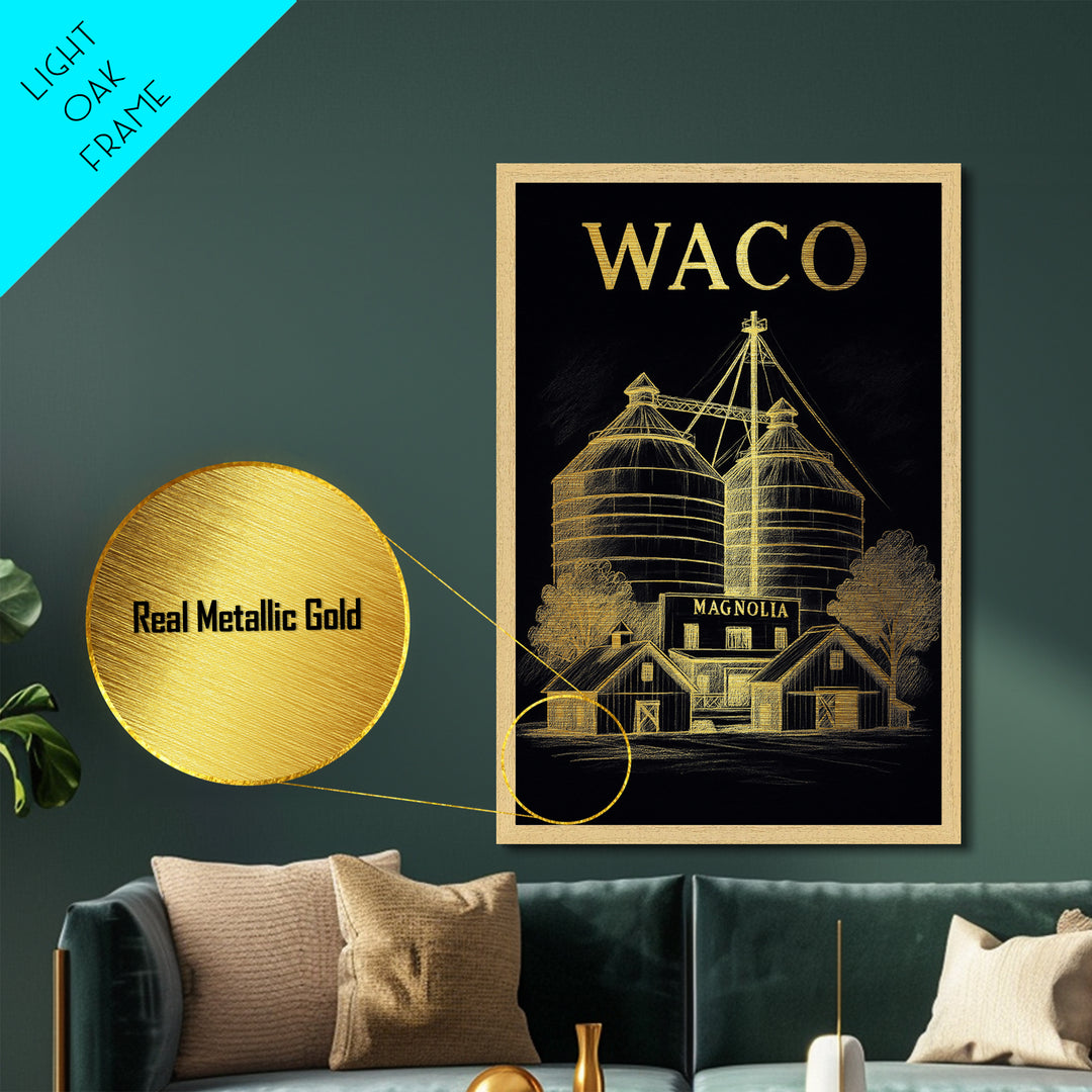 Waco Texas travel, Metallic Gold Print, Wood Framed Art, Metal Art, College Dorm Décor, Metallic Gold Print, Modern Wall Art