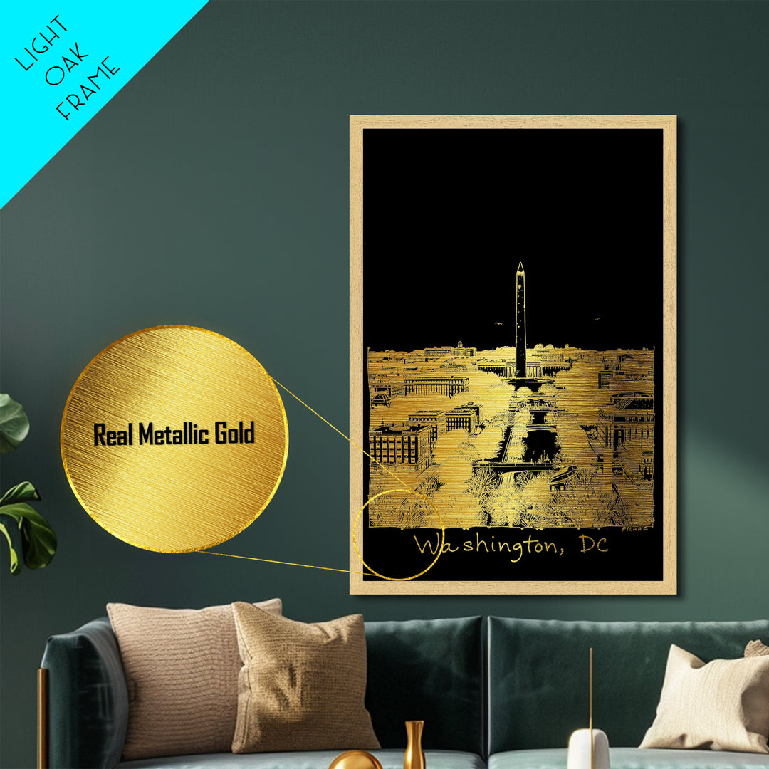 Washington DC art, Metallic Gold Art, Wood Framed Art, Metal Art, Office Decor, Metallic Gold Art, College Dorm Wall Art