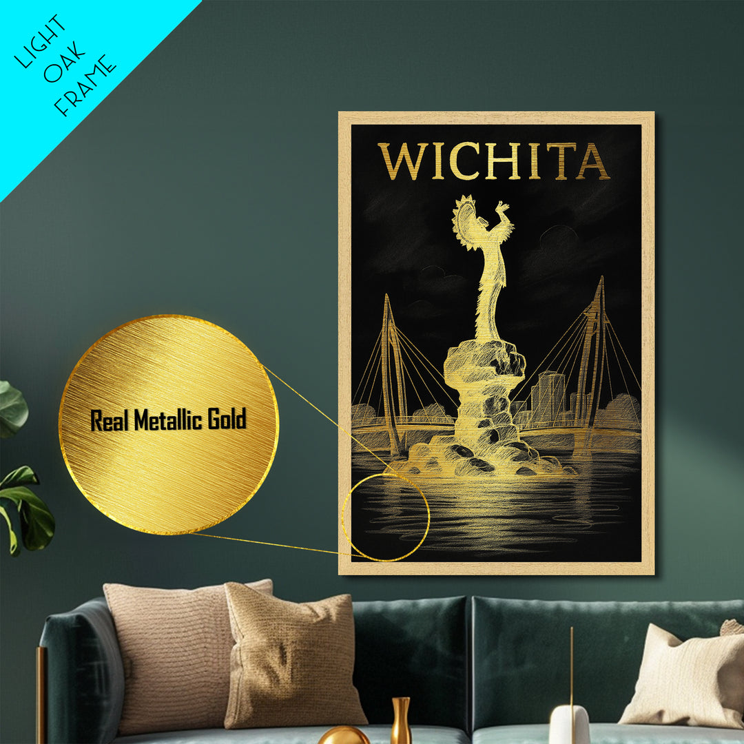 Wichita Kansas travel, Metallic Gold Print, Wood Framed Art, Metal Art, Minimalist Wall Art, Metallic Gold Print, College Dorm Art