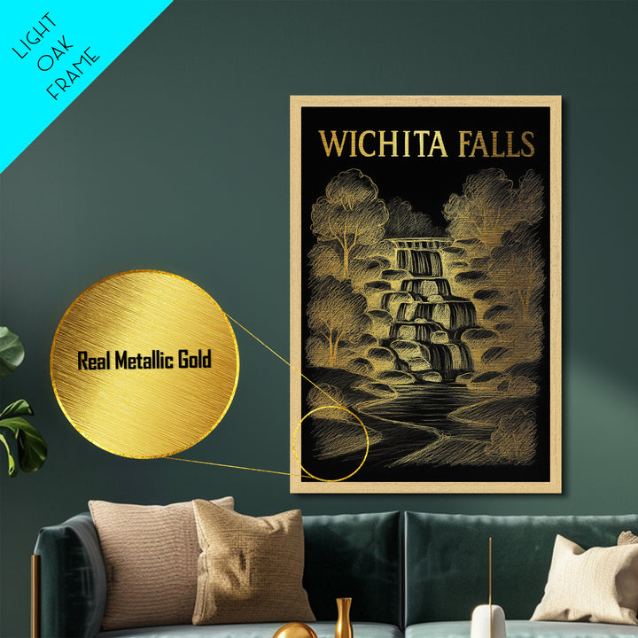Wichita Falls Texas travel, Metallic Gold Print, Wood Framed Art, Metal Art, College Dorm Décor, Metallic Gold Print