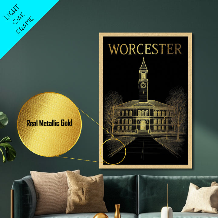 Worcester Massachusetts travel, Metallic Gold Print, Wood Framed Art, Metal Art, Minimalist Wall Art, Metallic Gold Print
