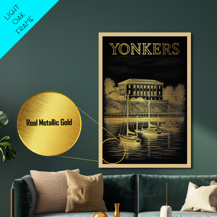Yonkers New York travel, Metallic Gold Print, Wood Framed Art, Metal Art, College Dorm Décor, Metallic Gold Print