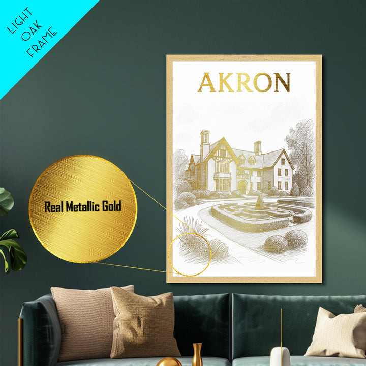 Akron Ohio travel, Metallic Gold Art, Modern House Art, Metal Art, Wood Framed Art, Traveler Gift, Destination Gift
