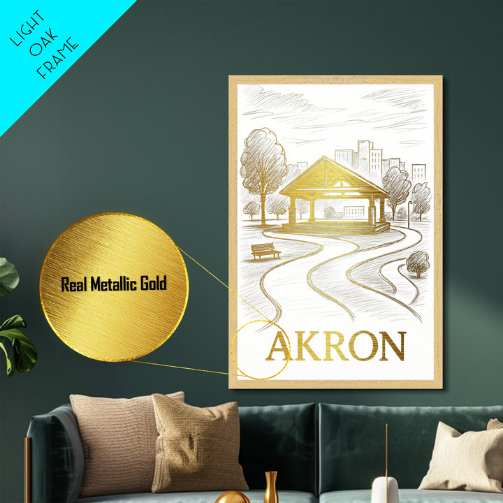 Akron Ohio art, Metallic Gold Print, Modern House Art, Metal Art, Wood Framed Art, Destination Gift, Graduation Travel Gift