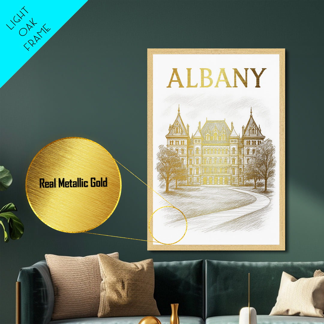 Albany New York travel, Metallic Gold Art, College Dorm Décor, Metal Art, Wood Framed Art, Graduation Travel Gift, Travel Gift
