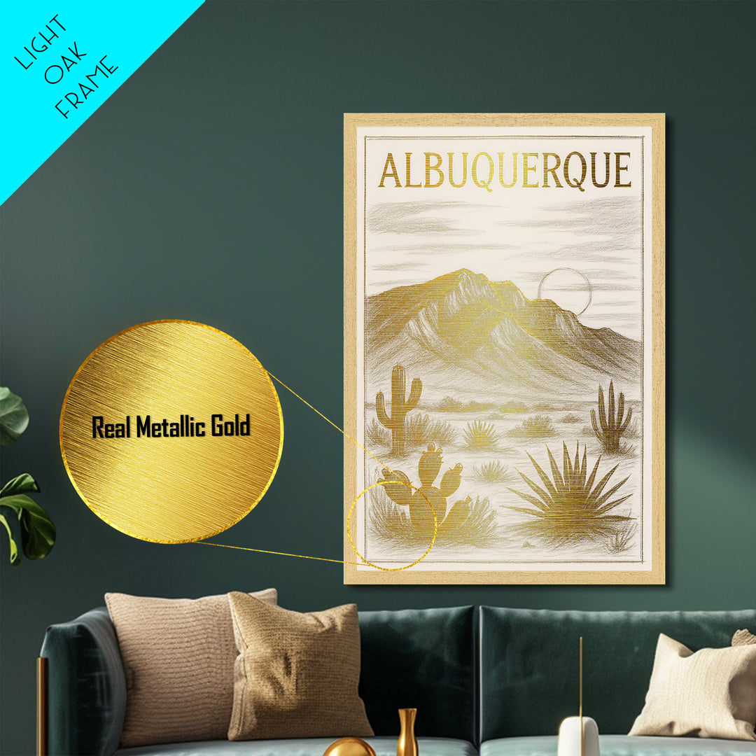 Albuquerque New Mexico travel, Metallic Gold Art, Modern Skyline Wall Print, Metal Art, Wood Framed Art, Travel Gift, Adventure Lover Gift