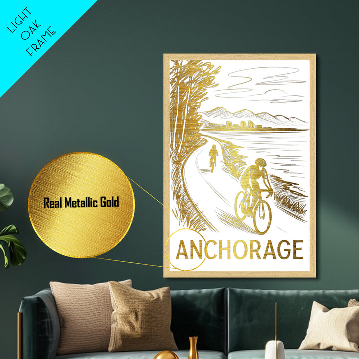 Anchorage Alaska travel, Metallic Gold Art, Modern Skyline Wall Print, Metal Art, Wood Framed Art, Adventure Lover Gift, Travel Gift