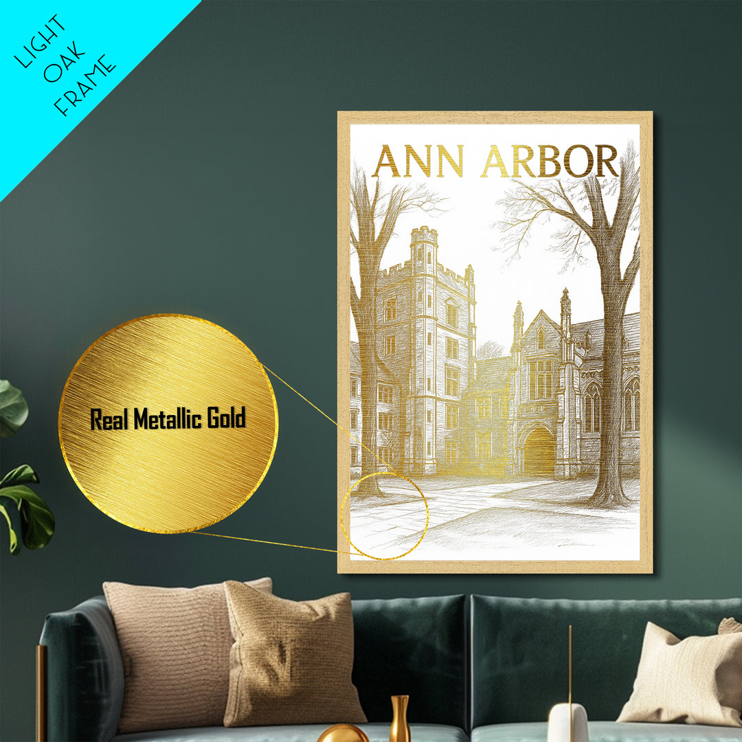 Ann Arbor Michigan travel, Metallic Gold Art, Modern House Art, Metal Art, Wood Framed Art, Wanderlust Gift, Travel Art Prints