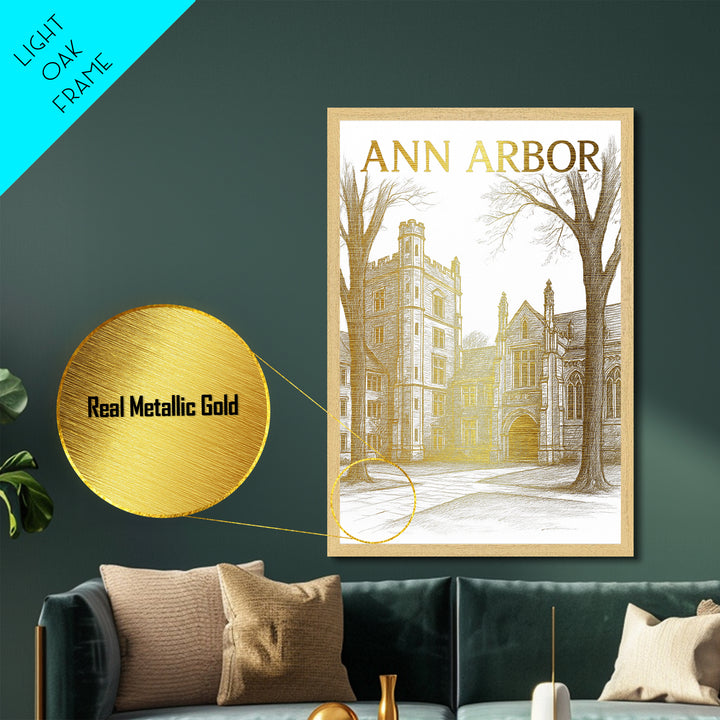 Ann Arbor Michigan travel, Metallic Gold Art, Modern House Art, Metal Art, Wood Framed Art, Wanderlust Gift, Travel Art Prints