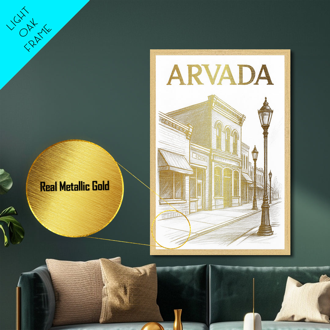 Arvada Colorado travel, Metallic Gold Art, Modern Skyline Wall Print, Metal Art, Wood Framed Art, Adventure Lover Gift, Travel Gift