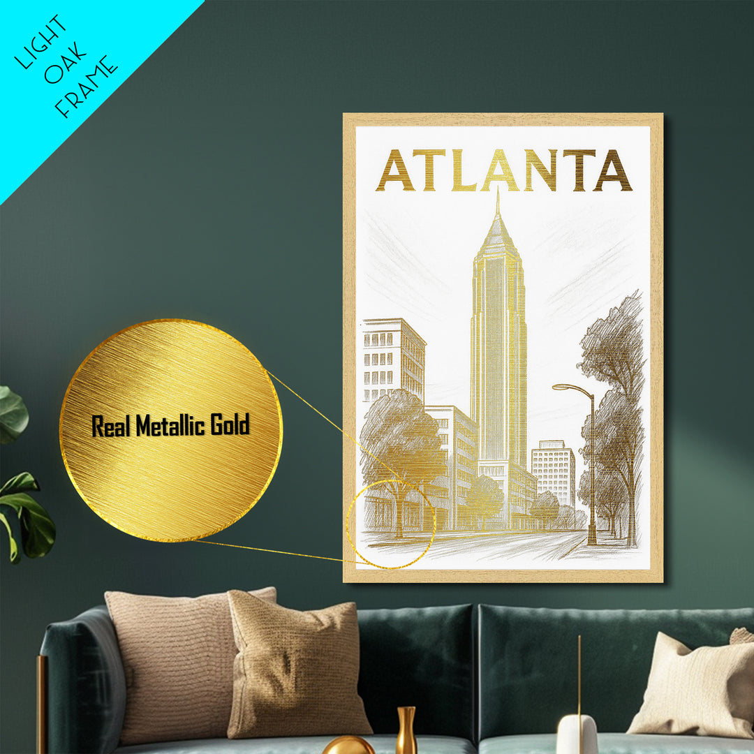 Atlanta Georgia travel, Metallic Gold Art, Modern House Art, Metal Art, Wood Framed Art, Wanderlust Gift, Travel Art Prints