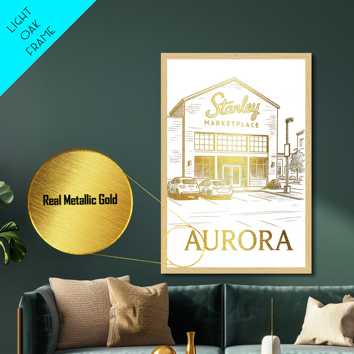 Aurora Illinois travel, Metallic Gold Art, Modern Skyline Wall Print, Metal Art, Wood Framed Art, Adventure Lover Gift, Travel Gift