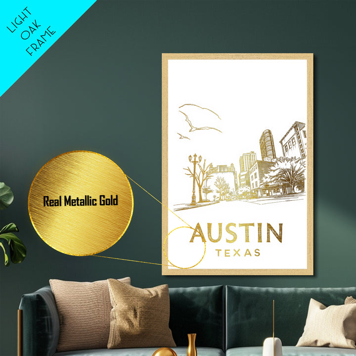 Austin Texas travel, Metallic Gold Art, Closing Gift, Metal Art, Wood Framed Art, Anniversary Travel Gift, Retirement Travel Gift