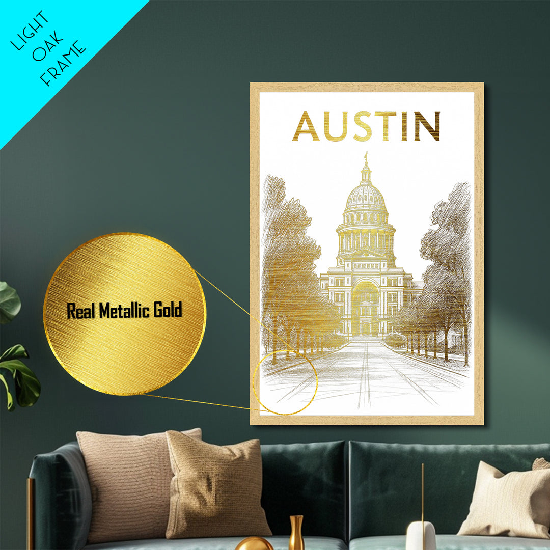Austin Texas art, Metallic Gold Print, Office Decor, Metal Art, Wood Framed Art, Graduation Travel Gift, Destination Gift