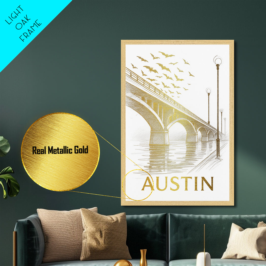 Austin Texas travel, Metallic Gold Art, Modern House Art, Metal Art, Wood Framed Art, Wanderlust Gift, Travel Art Prints