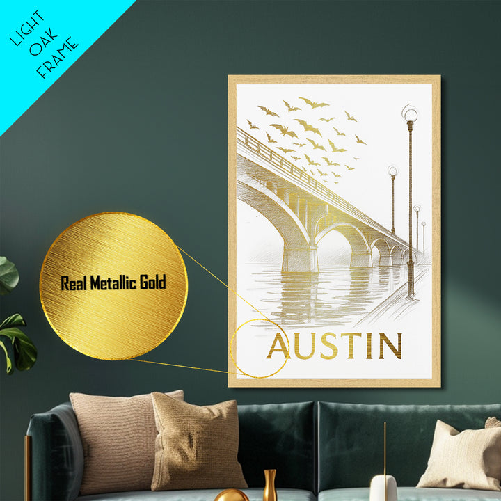 Austin Texas travel, Metallic Gold Art, Modern House Art, Metal Art, Wood Framed Art, Wanderlust Gift, Travel Art Prints