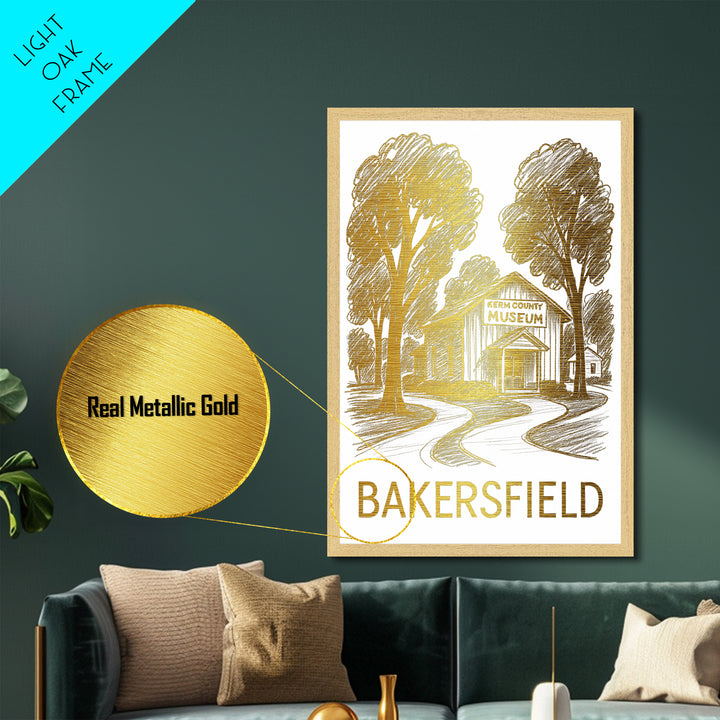 Bakersfield California art, Metallic Gold Art, Modern House Art, Metal Art, Wood Framed Art, Birthday Travel Gift, Destination Gift