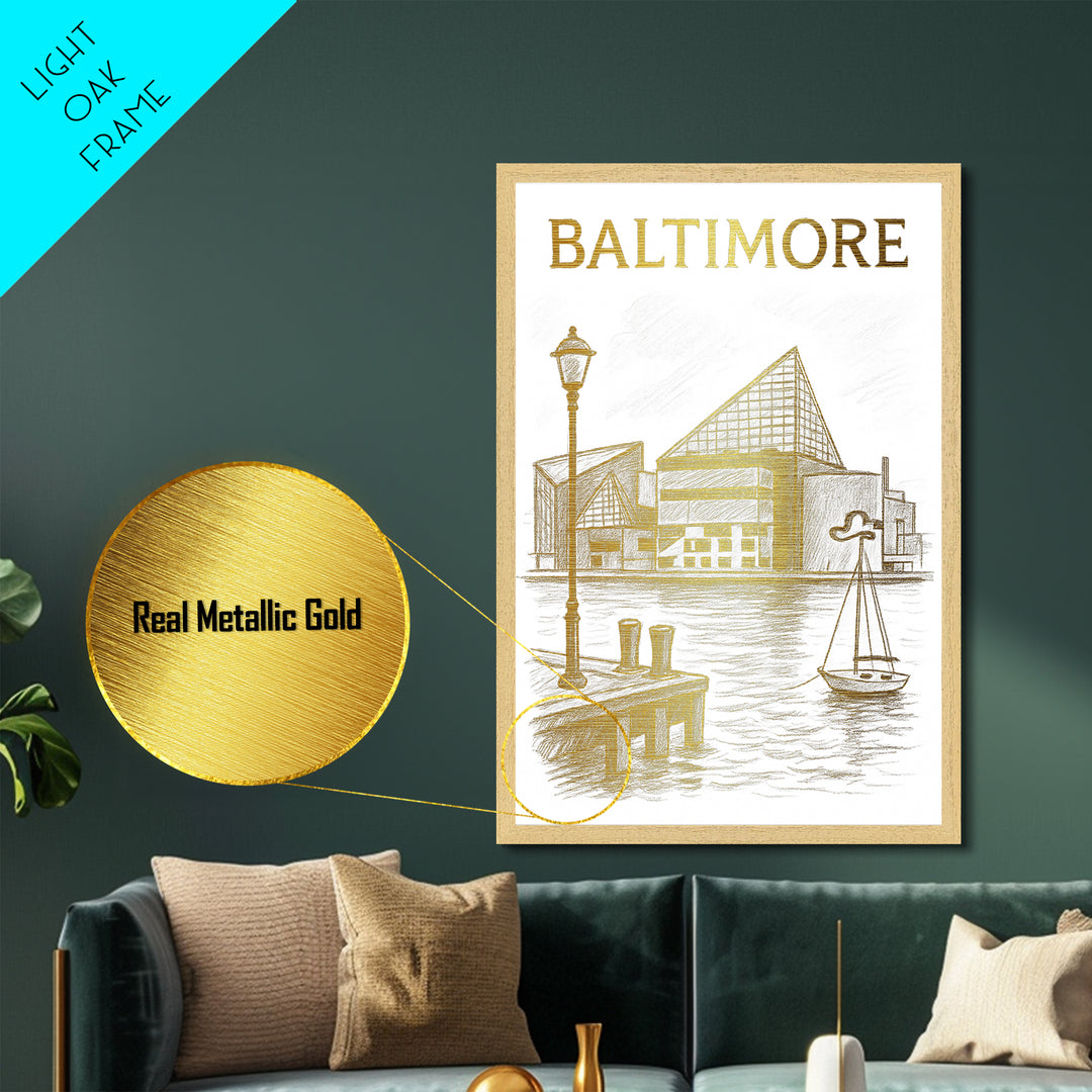 Baltimore Maryland travel, Metallic Gold Print, Modern House Art, Metal Art, Wood Framed Art, Traveler Gift, Destination Gift