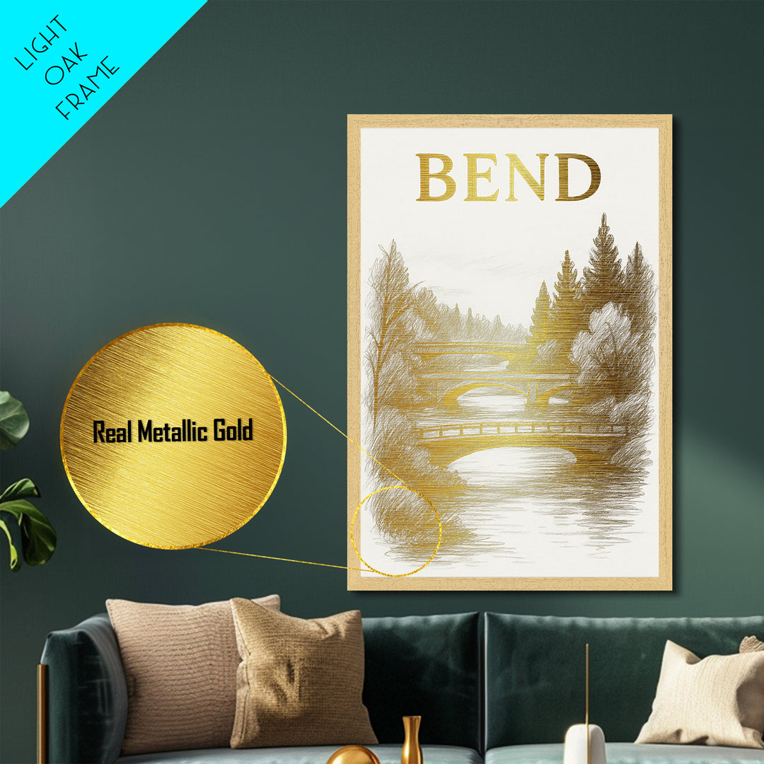 Bend Oregon travel, Metallic Gold Print, Modern House Art, Metal Art, Wood Framed Art, Traveler Gift, Destination Gift