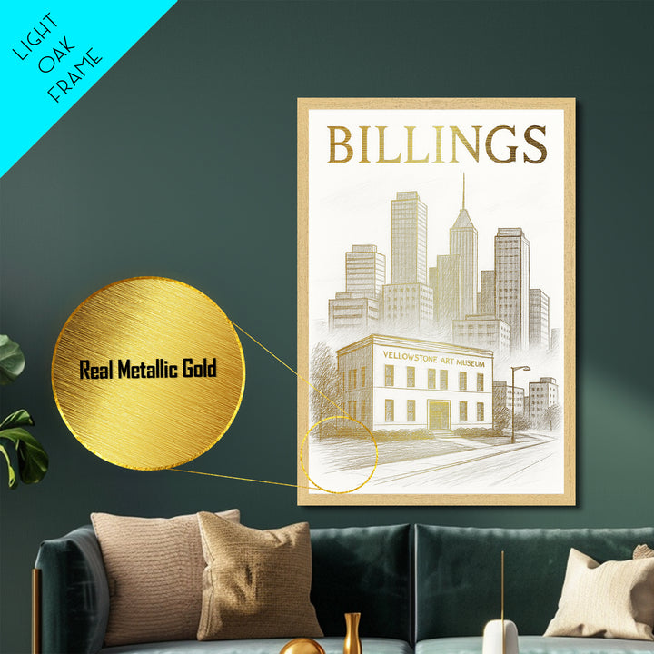 Billings Montana travel, Metallic Gold Print, Modern Skyline Wall Print, Metal Art, Wood Framed Art, Adventure Lover Gift, Travel Gift