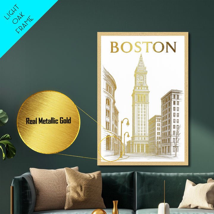 Boston Massachusetts travel, Metallic Gold Print, Modern House Art, Metal Art, Wood Framed Art, Traveler Gift, Destination Gift