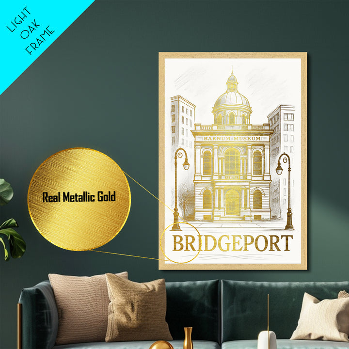 Bridgeport Connecticut art, Metallic Gold Art, Housewarming Gift, Metal Art, Wood Framed Art, Newlywed Travel Gift, Honeymoon Gift