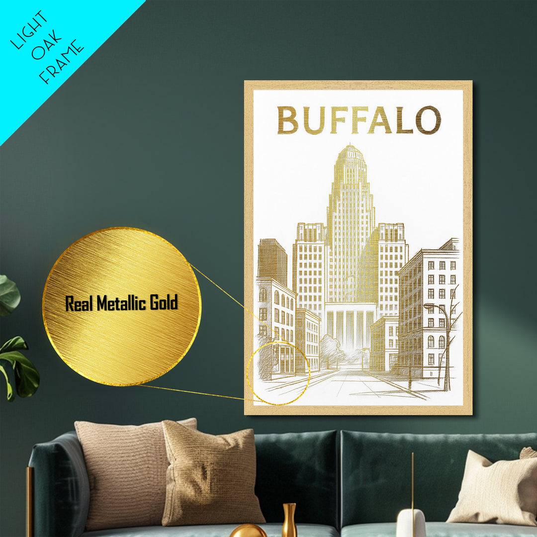 Buffalo New York travel, Metallic Gold Print, Modern Skyline Wall Print, Metal Art, Wood Framed Art, Adventure Lover Gift, Travel Gift