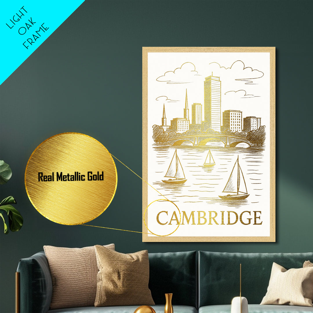 Cambridge Massachusetts art, Metallic Gold Art, Travel Art Prints, Metal Art, Wood Framed Art, Adventure Lover Gift, Traveler Gift
