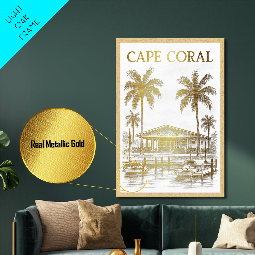 Cape Coral Florida travel, Metallic Gold Print, Modern House Art, Metal Art, Wood Framed Art, Traveler Gift, Destination Gift