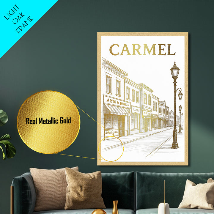 Carmel Indiana travel, Metallic Gold Print, Modern Skyline Wall Print, Metal Art, Wood Framed Art, Adventure Lover Gift, Travel Gift
