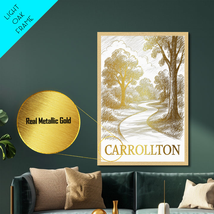 Carrollton Texas art, Metallic Gold Art, Office Decor, Metal Art, Wood Framed Art, Graduation Travel Gift, Destination Gift