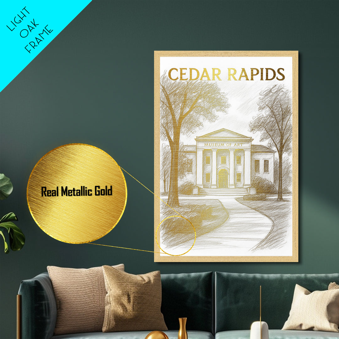 Cedar Rapids Iowa travel, Metallic Gold Print, Modern House Art, Metal Art, Wood Framed Art, Traveler Gift, Destination Gift