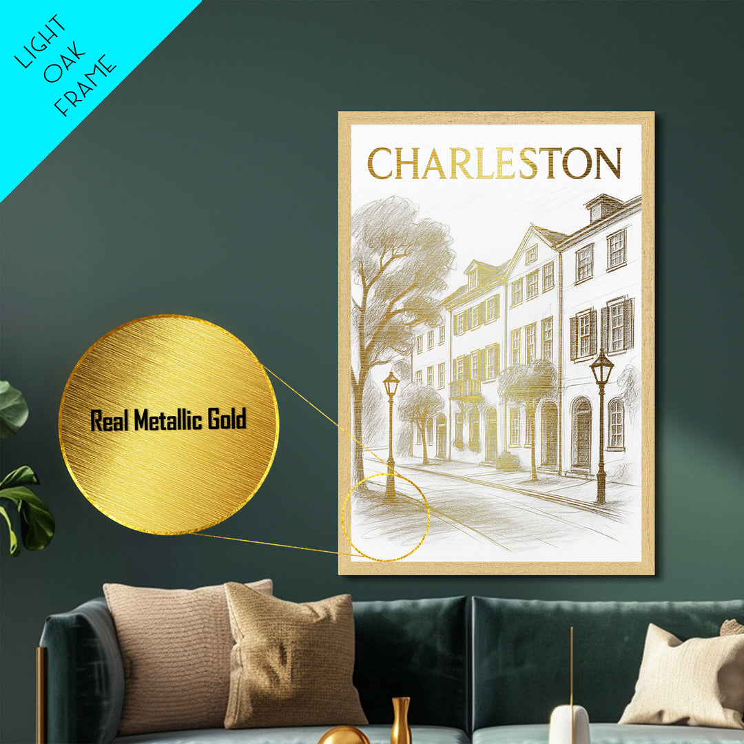 Charleston South Carolina travel, Metallic Gold Print, Closing Gift, Metal Art, Wood Framed Art, Anniversary Travel Gift, Traveler Gift
