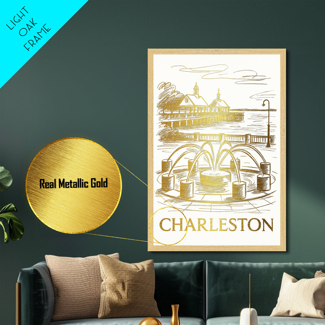 Charleston South Carolina art, Metallic Gold Art, Office Decor, Metal Art, Wood Framed Art, Graduation Travel Gift, Destination Gift